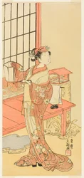 A színész, Segawa Kikunojo II, valószínűleg mint Ayaori hercegnő az Ima o Sakari Suehiro Genji (A Genji klán most a zenitjén) című darabban, a Nakamura Színházban a tizenegyedik hónap első napjától, 1768.