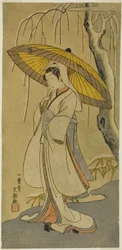 A színész, Segawa Kikunojo II, mint a gémlány az "Izu pamutvatta a házassági krizantémok védelmében (Myoto-giku Izu no Kisewata)" című darabban, amelyet az Ichimura Színházban 1770. tizenegyedik hónapjának első napjától mutattak be.