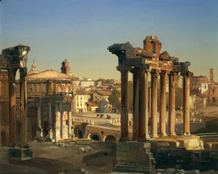 Olaszország, Róma, kilátás a római fórumokra Vespasianus templomával, Septimius Severus ívével és Szaturnusz templomával, Ippolito Caffi