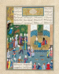 Kay Khusraw nagyapja, Kay Kaus, Irán királya üdvözölte Kézirat-megvilágítás az ep-ből