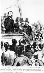Michael Davitt beszédet mond 100 000 emberhez a Jones Woodban, USA-ban, az Irish Worldtől, 1880. június 5.