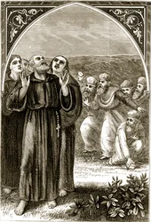 A druidák által kántáló és a druidák által megtámadt Szent Kolumbát Mary Cusack (1829-99) A Trias Thaumaturga, avagy Írország három csodatevő szentje című művéből, az 1890-es évek körül megjelent