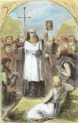 Szent Patrik, aki az 1890-es évek körül megjelent Mary Cusack (1829-99) A Trias Thaumaturga-ból, avagy Írország három csodatevő szentjéből mutatja be az ír népnek a négy evangéliumot (későbbi színezés).