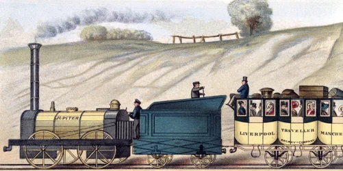 Utazás a liverpooli és manchesteri vasúton, a „Jupiter” mozdony részlete, S.G. Hughes metszet, 1831 körül (színes litó)