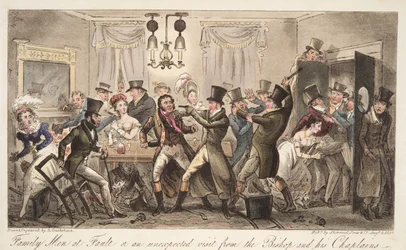 Családi férfiak a hibában, vagy a püspök és káplánjai váratlan látogatása, az angol kém, kocsma. 1824 (kézzel színezett metszet)
