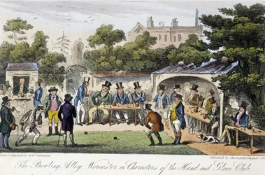 A Bowling Alley vagy a Hand and Glove Club szereplői - Charles Molloy Westmacott "The English Spy" című művében, Robert Cruikshank rajza, londoni kiadás.