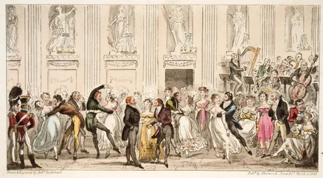 A Cyprians-bál az Argyle Rooms-ban, az angol kém, pubból. 1824 (kézzel színezett metszet)