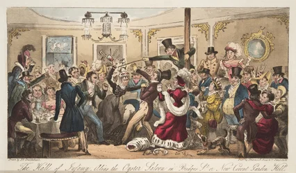 The Hall of Infamy, alias Oyster Saloon in Brydges-Street, vagy New Covent Garden Hell, az angol kémből, pub. 1824 (kézzel színezett metszet)