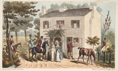Az Oakland Cottages, Cheltenham, vagy a Fox Hunters és kedvenceik, az angol kém pubjából. 1824 (kézzel színezett metszet)