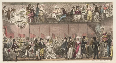 The Royal Saloon, Piccadilly, vagy egy óra az opera után, az angol kémből, 1824-ben (kézzel színezett metszet)