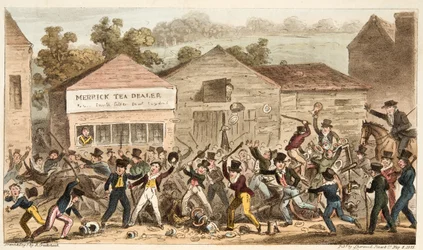 The Tea Pot Row at Harrow, vagy a Battle of Hog Lane, az angol kém, kocsma. 1824 (kézzel színezett metszet)
