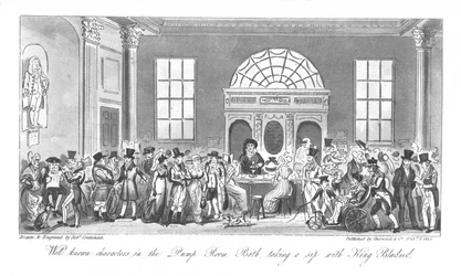 Jól ismert karakterek a szivattyúszobában, fürdőben, kortyolgatnak Bladud királlyal, 1825