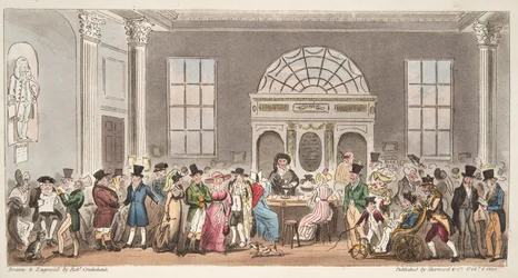 A Pump Room, Fürdő jól ismert látogatói, akik egy kortyot kortyolnak King Bladuddal, az angol kém kocsmából. 1824 (kézzel színezett metszet)