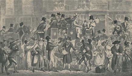 Outside White Horse Cellar, Piccadilly, 1821, 1920. Művészek: Isaac Robert Cruikshank, George Cruikshank.