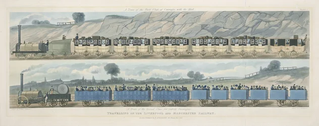 Utazás a liverpooli és manchesteri vasúton: Az első osztályú kocsik vonata postával és a második osztályú vonat külső utasok számára, metszett S.G. Hughes, 1831 (aquati