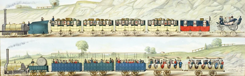 Utazás a liverpooli és manchesteri vasúton, S.G. Hughes metszete, 1831 körül
