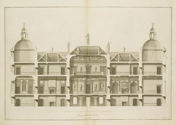 Houghton Hall: a keleti front metszete, Pierre Fourdrinier metszete, 1735 (lásd még 64902 és 64904)