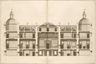 Houghton Hall: a nyugati homlokzat metszete, Pierre Fourdrinier metszete, 1735 (lásd még 64902 és 64903)