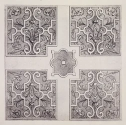 Parterre-tervek a "The Gardens of Wilton"-ból, megjelent 1645 körül (metszet)