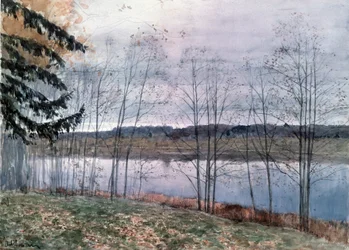 Ősz (Ősz). Vízfolyás partjának leírása, csupasz fákkal. Isaac (Isaac) Iljics Levitan (1860-1900) munkája, akvarell papíron