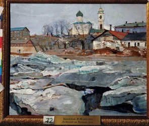 Ice drifting in Pskov (Ice drifting in Pskov). Isaak Izrailevich Brodsky (Brodsky) festménye (1884-1939). Olaj, karton
