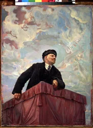 Vlagyimir Lenin (Lenin) (1870-1924), orosz politikus és forradalmár portréja az emelvényen. 1927. Isaak Izrailevich Brodsky (Brodsky) festménye (1884-1939). Szentpétervár, Orosz Múzeum.