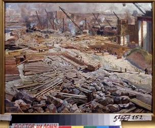A Dnyeper vízierőmű általános képe. Isaak Izrailevich Brodsky (Brodsky) festménye (1884-1939). Olajfestmény