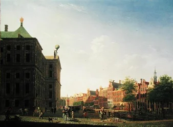 Kilátás az amszterdami Nieuwezijds Voorburgwal mentén, amely a királyi palota hátulját mutatja, 1782