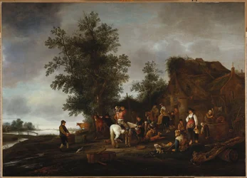 Utazók felfrissülnek egy folyóparti kocsmában, 1664