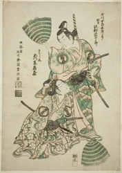 A színész, Sawamura Sojuro II (korábban Utagawa Shirogoro) mint Matsuomaru és Azumo Tozo I mint Sakuramaru a „Sugawara Denju Tenarai Kagami” című darabban, amelyet a Morita Színházban mutattak be, 1750