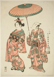 A színészek Nakamura Kiyosaburo I mint Matsuyama és Ichimura Kamezo I mint Wanya Kyubei a "Yoritomo Gunbai Kagami" című darabban, amelyet az Ichimura Színházban mutattak be 1749 tizenegyedik hónapjában.