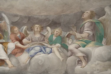 Angyalok, zenész angyalok és puttók, a Paradicsom részlete az örökkévaló Atyával, 1623-34 körül (3496185 részlet)