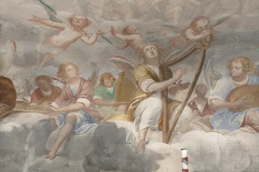 Angyalok, zenész angyalok és puttók, a Paradicsom részlete az örökkévaló Atyával, 1623-34 körül (3496185 részlet)
