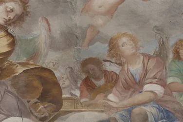 Angyalok, zenész angyalok és puttók, a Paradicsom részlete az örökkévaló Atyával, 1623-34 körül (3496185 részlet)