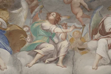Angyalok, zenész angyalok és puttók, a Paradicsom részlete az örökkévaló Atyával, 1623-34 körül (3496185 részlet)