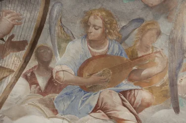 Angyalok, zenész angyalok és puttók, a Paradicsom részlete az örökkévaló Atyával, 1623-34 körül (3496185 részlet)