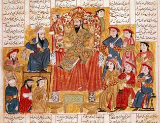 Iszlám művészet: „Egy szultán és udvara”, perzsa miniatúra Ferdowsi (Firdawsi, vagy Ferdawsi, vagy Firdousi, kb. 940-körülbelül 1020) „Shahnameh” (Shah Nama, Shahnama) (Királyok könyve) című eposzának kéziratából. 1330 körül, Topkapi Múzeum, Isztambul