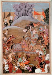 Iszlám művészet: „” Rusztam első harca Afrasziab ellen”” perzsa miniatűr a „” Shahnameh””” (Shah Nama, Shahnama) (Királyok könyve) című eposzának kéziratából Ferdowsi (Firdawsi vagy Ferdawsi, vagy Firdousi, kb. . 940-1020 körül) (ms. 607) Chantilly, Mu