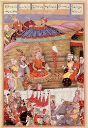 Iszlám művészet: „” Sohrab (Szaharab) újra Roustam sátrára néz””” Perzsa miniatűr Ferdowsi (Firdawsi) „” Shahnameh”” (Shah Nama, Shahnama) (Királyok könyve) című epikus költeményének kéziratából. Ferdawsi vagy Firdousi, kb. 940-1020 körül) (607 ms.)