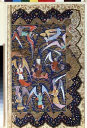 ""Mohamed próféta (Mohammed vagy Mohamed) (570-632) (takart arccal) a Mirac alatt, feljutása a hetedik mennybe lován Al - Bouraq (Burak) (Al - Buraq)"" Akvarell pergamenre. 16. század. Ermitázs Múzeum, Szentpétervár