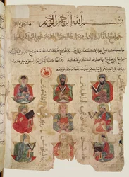 Pythagoras (Kr. e. 570-480) (középen) 8 másik orvost tanít, köztük Galenust (131-201 körül) (bal lent) és Andromachust (jobbra lent), illusztráció a De materia me arab fordításából