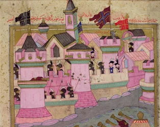 TSM H.1524 Bécs ostroma I. Szulejmántól (1494-1566) a Magnificent, 1529-ben, Lokman "Hunername"-jéből, Bécs részlete, 1588