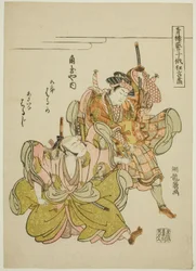 Haruka és Haruji of the Kadotamaya, mint Soga no Goro és Asaina Saburo a páncélhúzó jelenetben, a "Kregényes előadások a Pleasure Quarters szórakoztatóitól a Niwaka Fesztiválon (Seiro geiko niwaka kyogen zukushi)" sorozatból.