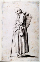 Figura kosárral (toll és barna tinta papíron)