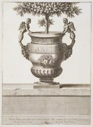 Citrusfákhoz használt bronz urnák, illusztráció a „Versailles nézetei és tervei”, Párizs, 1664-89 körül (metszet)