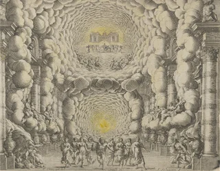 Giacomo Torelli da Fano 1654-es „Les Noces de...” című balettjéhez készített színházi díszlet terve