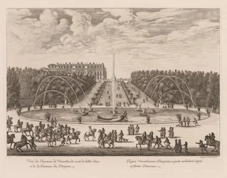 Kilátás a Versailles-i palotára, a sikátor és a Sárkány szökőkút oldaláról, 1676.