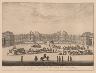 A Versailles-i palota kilátása és perspektívája az antiudvar belsejéből, 1664.