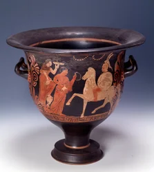 A cumae-i krater egy felajánlási jelenetet képvisel (terrakotta, ie 320-310)