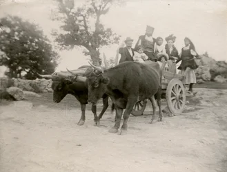 Család ökrös szekéren, Szardínia, Olaszország, 1910 körül